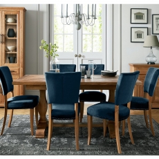 Cookes Collection Nantes Oak Dining Table and 6 Blue Velvet Chairs